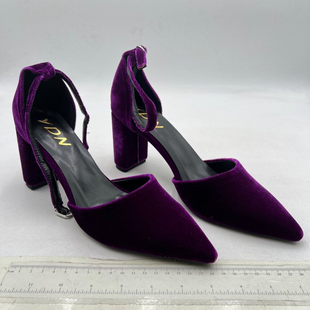 YDN Purple Chunky Heel Pumps Ladies Pointed Toe D'Orsay Adjustable Buckled Shoes - Picture 4 of 8